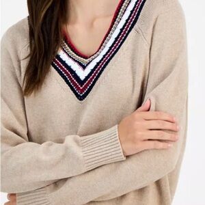 Tommy Hilfiger Beige V-Neck Sweater with Stripes